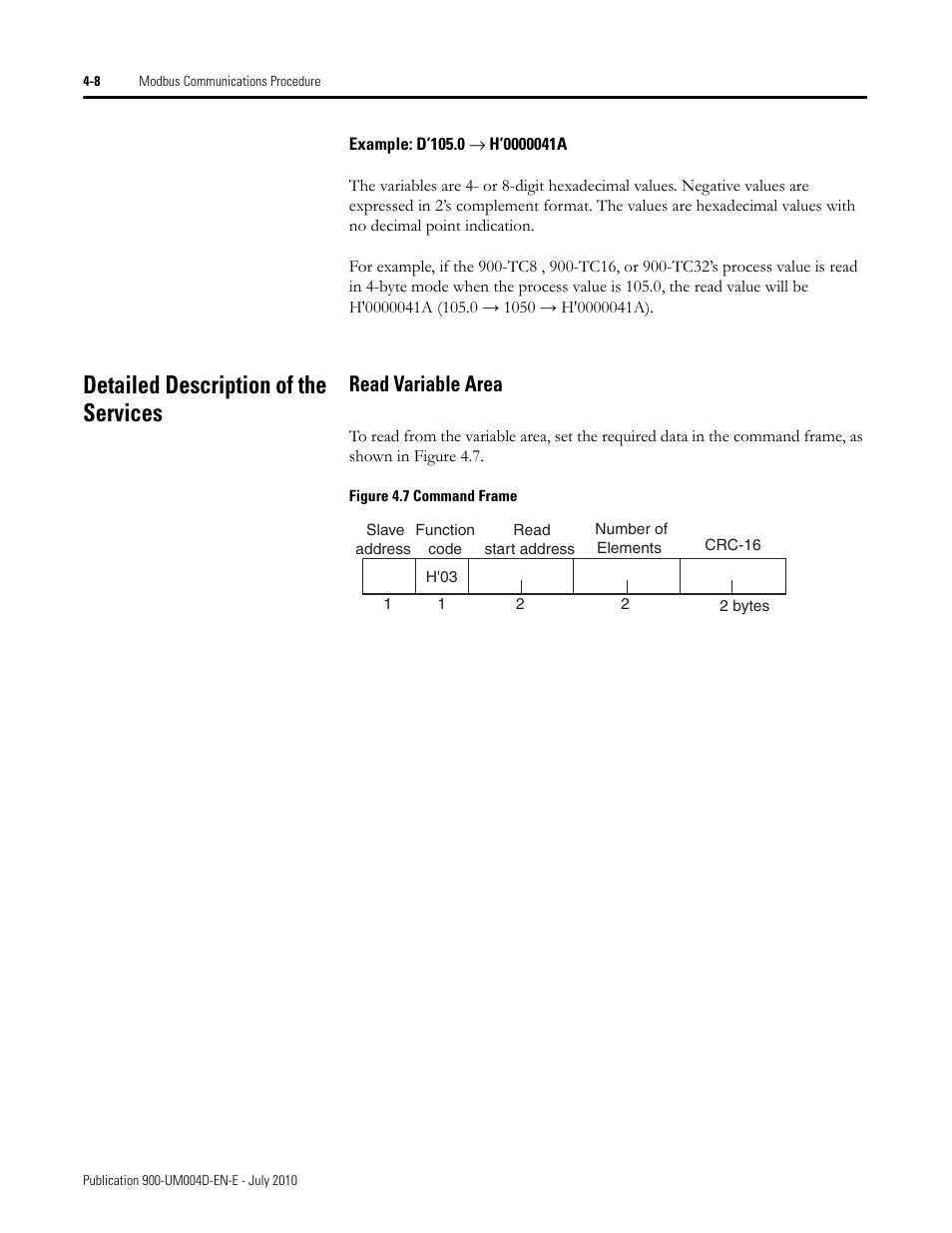 Example: d’105.0 ® h’0000041a, Figure 4.7 command frame, Detailed description of the services -8 | Read variable area -8, Detailed description of the services, Read variable area | Rockwell Automation 900 Temperature Controller Communications Functions - Series B User Manual | Page 66 / 103