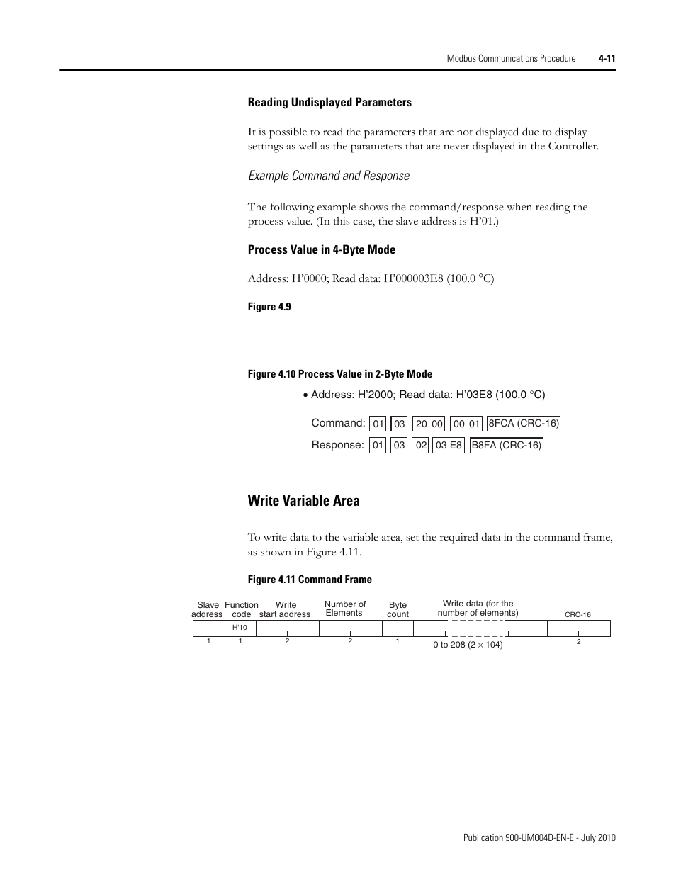 Reading undisplayed parameters, Example command and response, Process value in 4-byte mode | Figure 4.9, Figure 4.10 process value in 2-byte mode, Figure 4.11 command frame, Write variable area -11, Write variable area | Rockwell Automation 900 Temperature Controller Communications Functions - Series B User Manual | Page 69 / 103