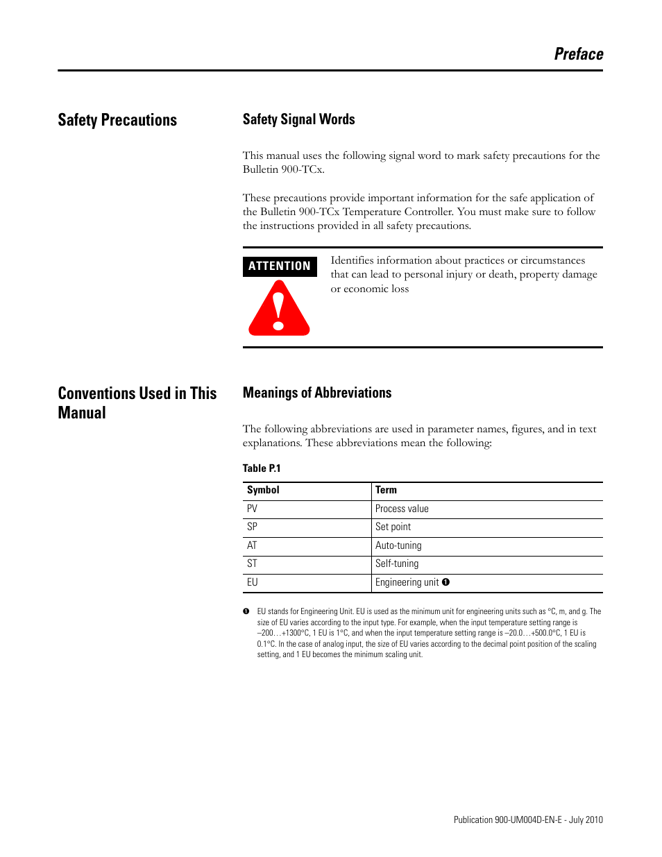 Preface, Preface safety precautions, Conventions used in this manual | Safety signal words, Meanings of abbreviations | Rockwell Automation 900 Temperature Controller Communications Functions - Series B User Manual | Page 7 / 103