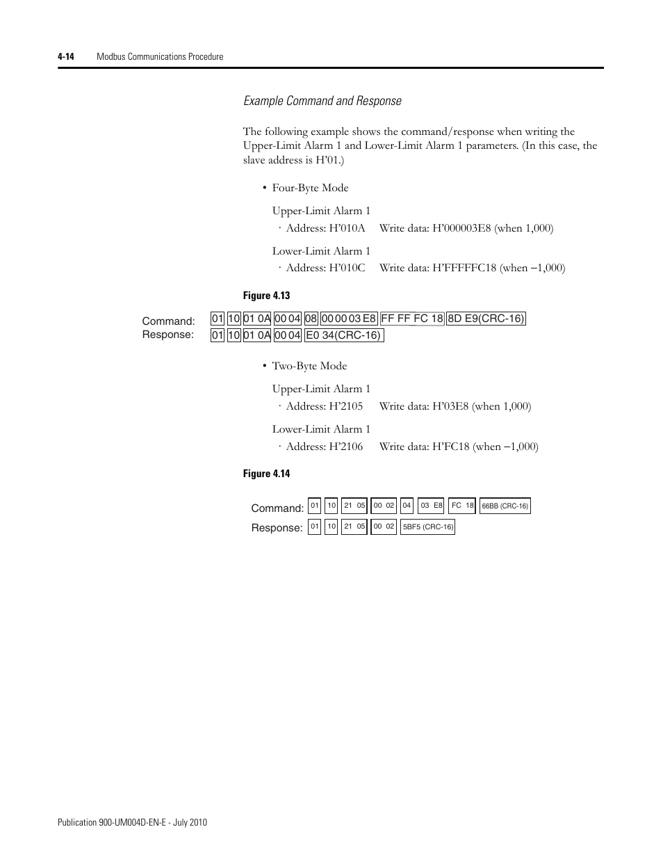 Example command and response, Figure 4.13, Figure 4.14 | Rockwell Automation 900 Temperature Controller Communications Functions - Series B User Manual | Page 72 / 103