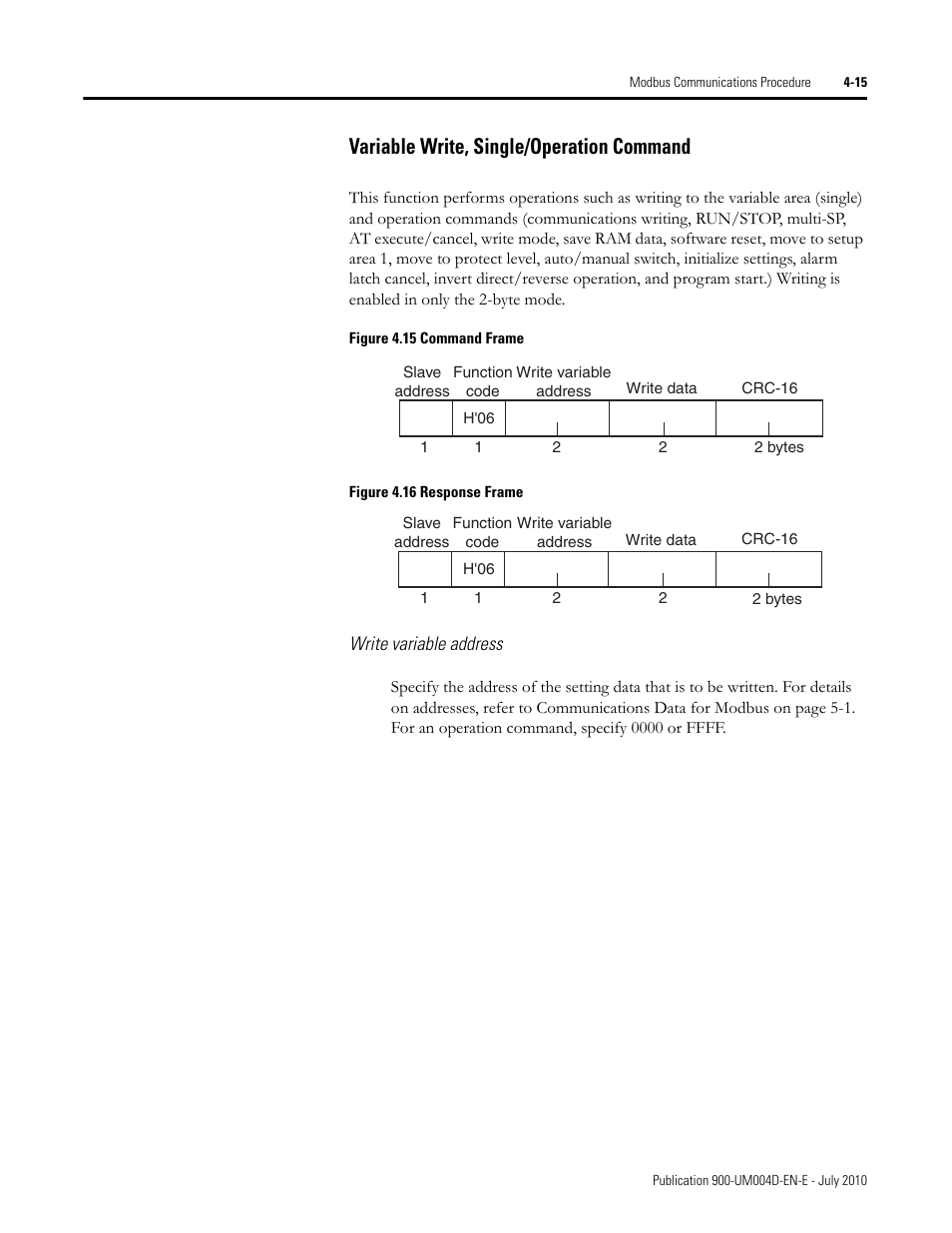 Figure 4.15 command frame, Figure 4.16 response frame, Write variable address | Variable write, single/operation command -15, Variable write, single/operation command | Rockwell Automation 900 Temperature Controller Communications Functions - Series B User Manual | Page 73 / 103