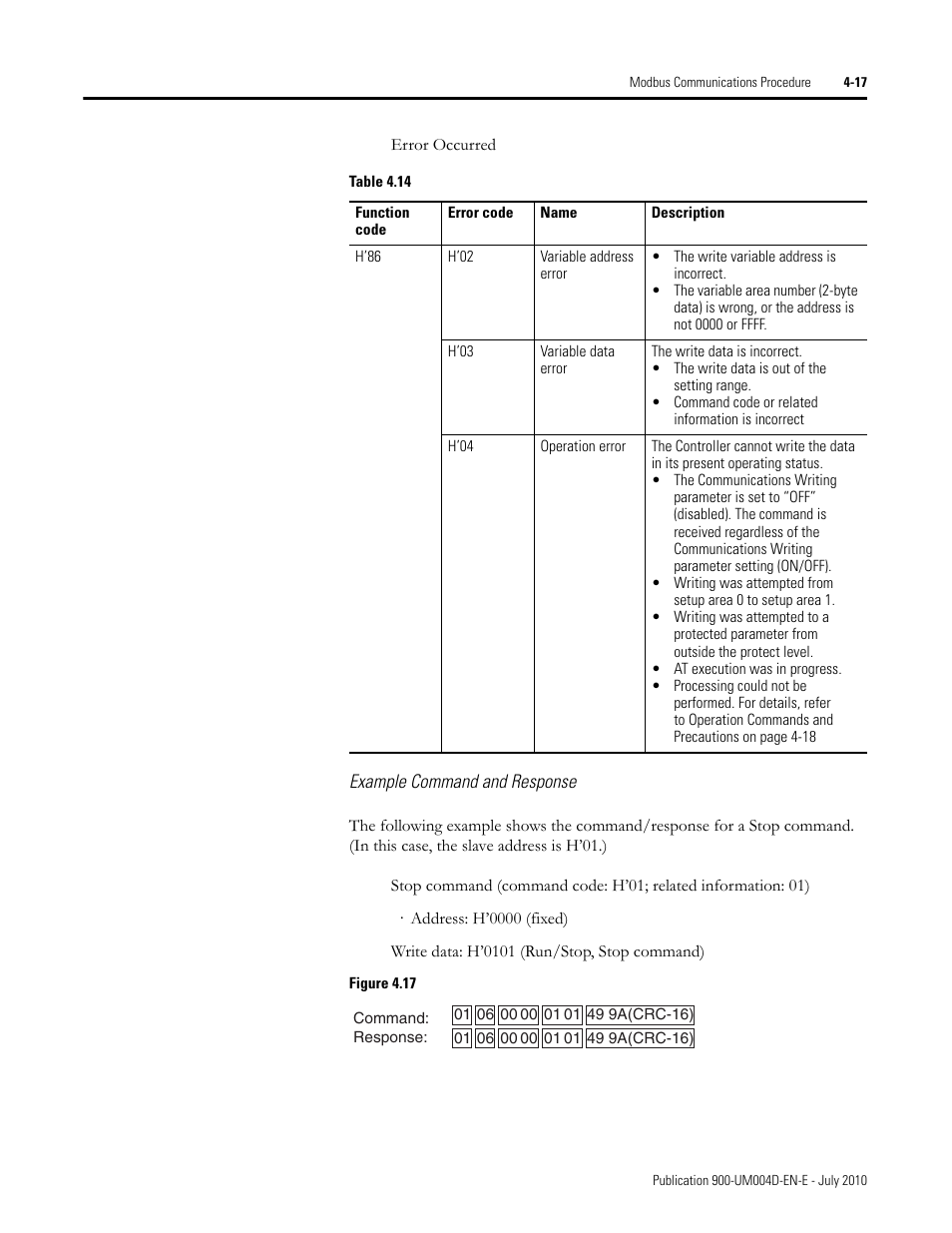 Example command and response, Figure 4.17 | Rockwell Automation 900 Temperature Controller Communications Functions - Series B User Manual | Page 75 / 103