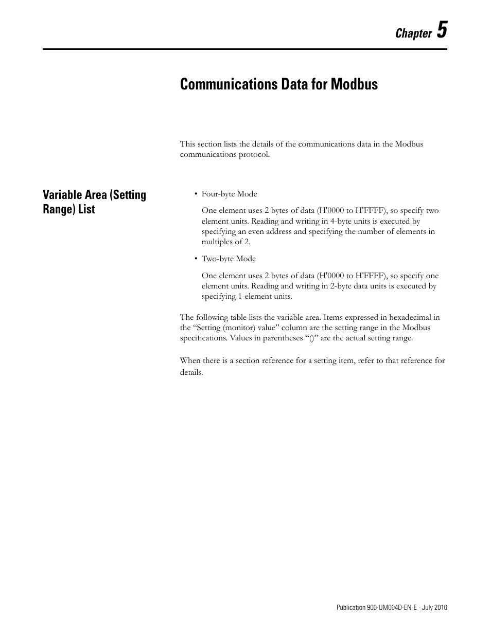 Communications data for modbus, Chapter 5, Variable area (setting range) list -1 | Rockwell Automation 900 Temperature Controller Communications Functions - Series B User Manual | Page 83 / 103