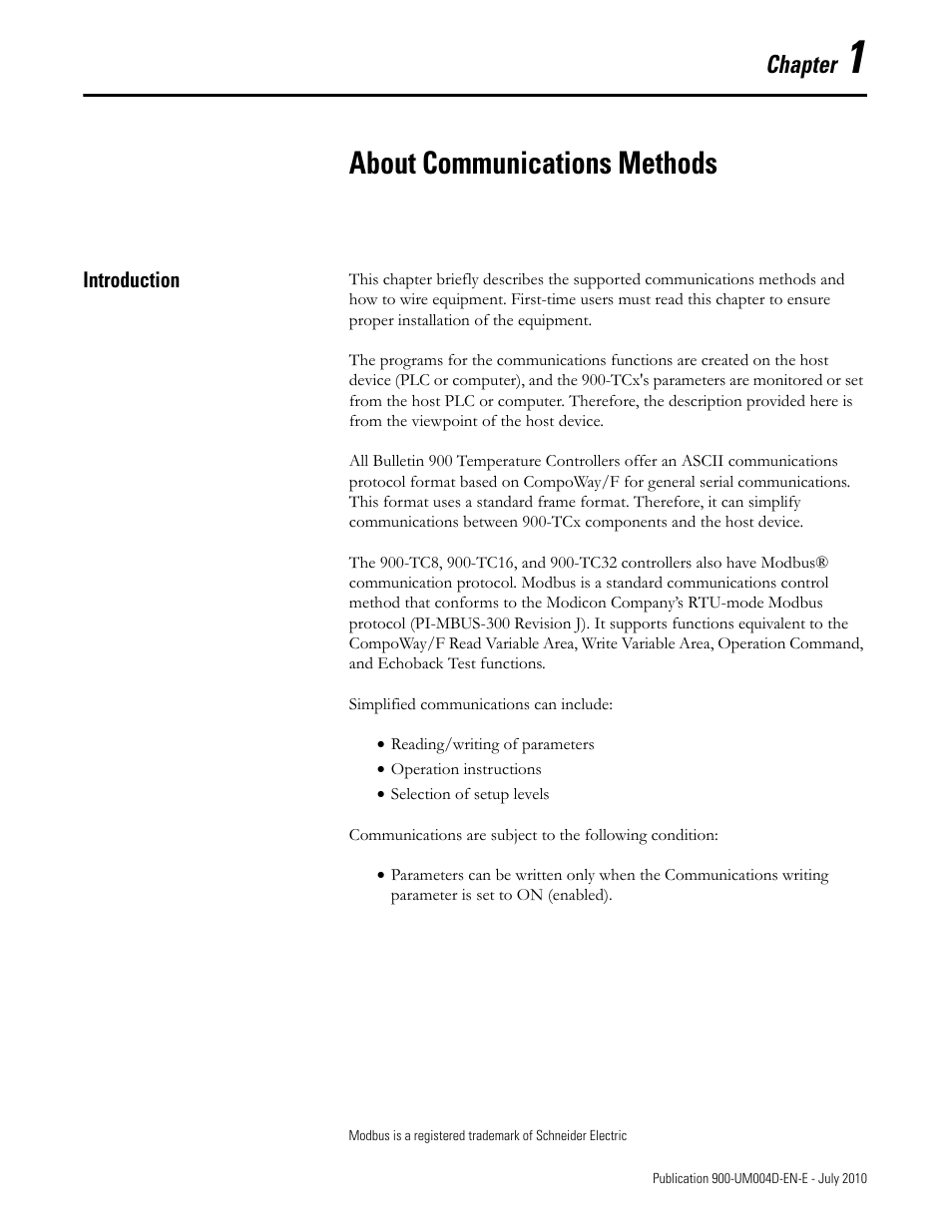 About communications methods, Chapter 1, Introduction -1 | Chapter | Rockwell Automation 900 Temperature Controller Communications Functions - Series B User Manual | Page 9 / 103