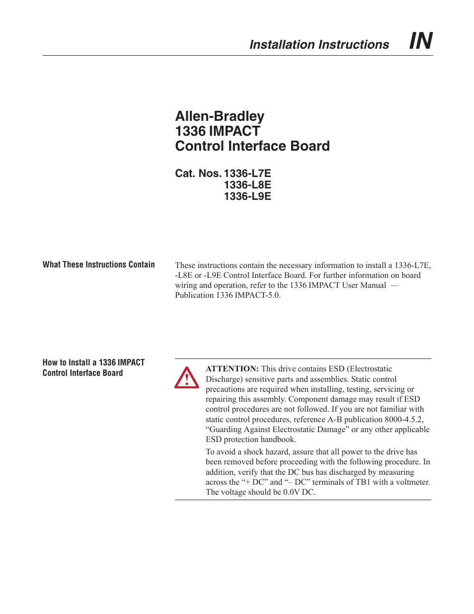 Rockwell Automation 1336E IMPACT Control Interface Board L7E, L8E, L9E User Manual | 2 pages