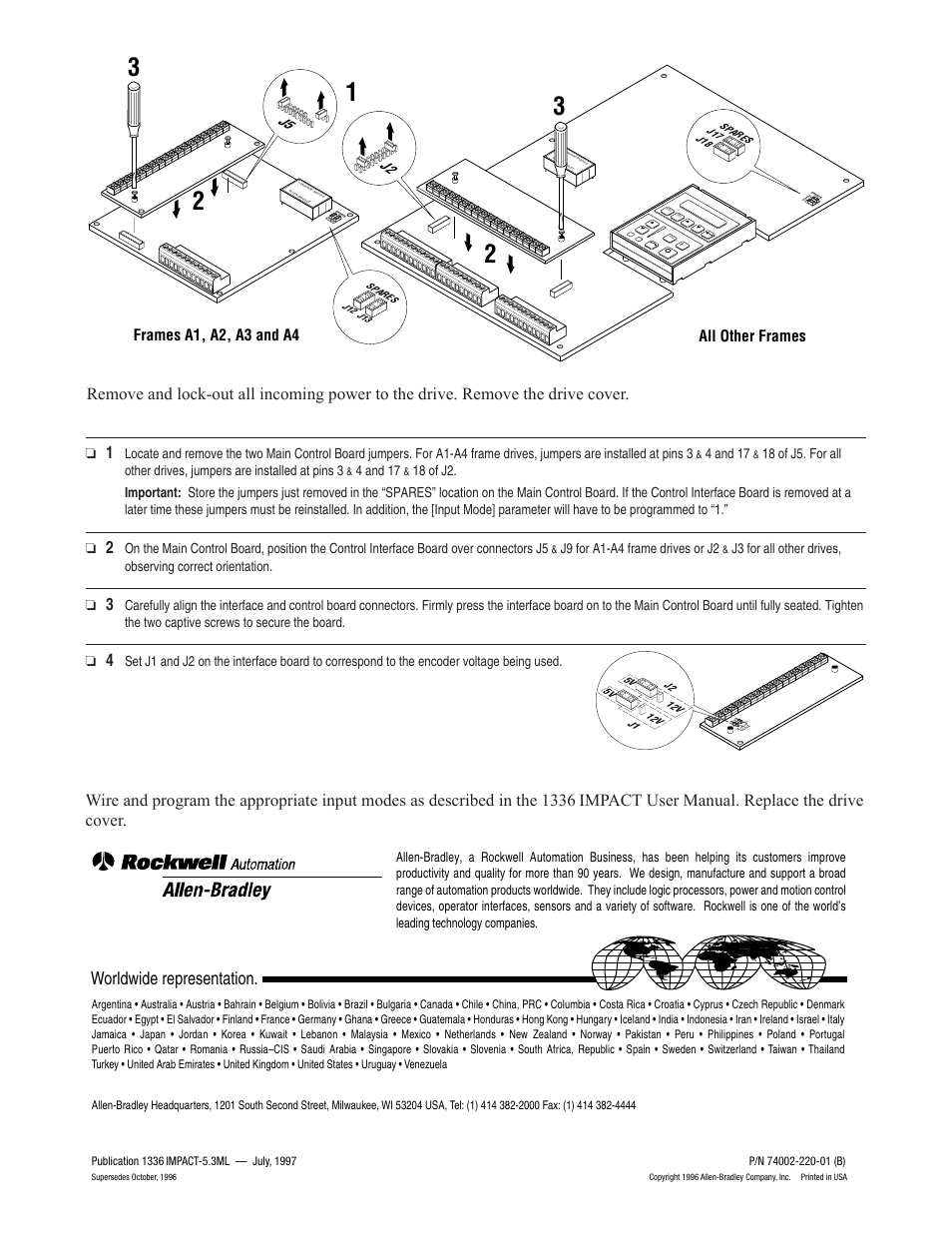 Worldwide representation, All other frames, Frames a1, a2, a3 and a4 | 4 and 17, J9 for a1-a4 frame drives or j2 | Rockwell Automation 1336E IMPACT Control Interface Board L7E, L8E, L9E User Manual | Page 2 / 2