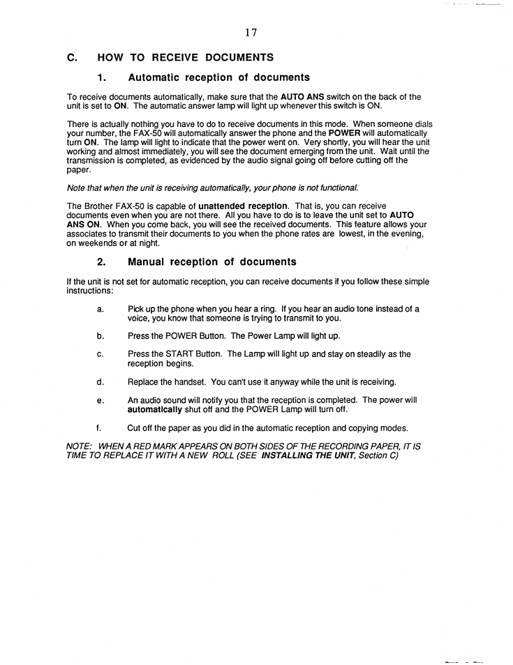 C. how to receive documents, Automatic reception of documents, Manual reception of documents | Brother FAX-50 User Manual | Page 22 / 32