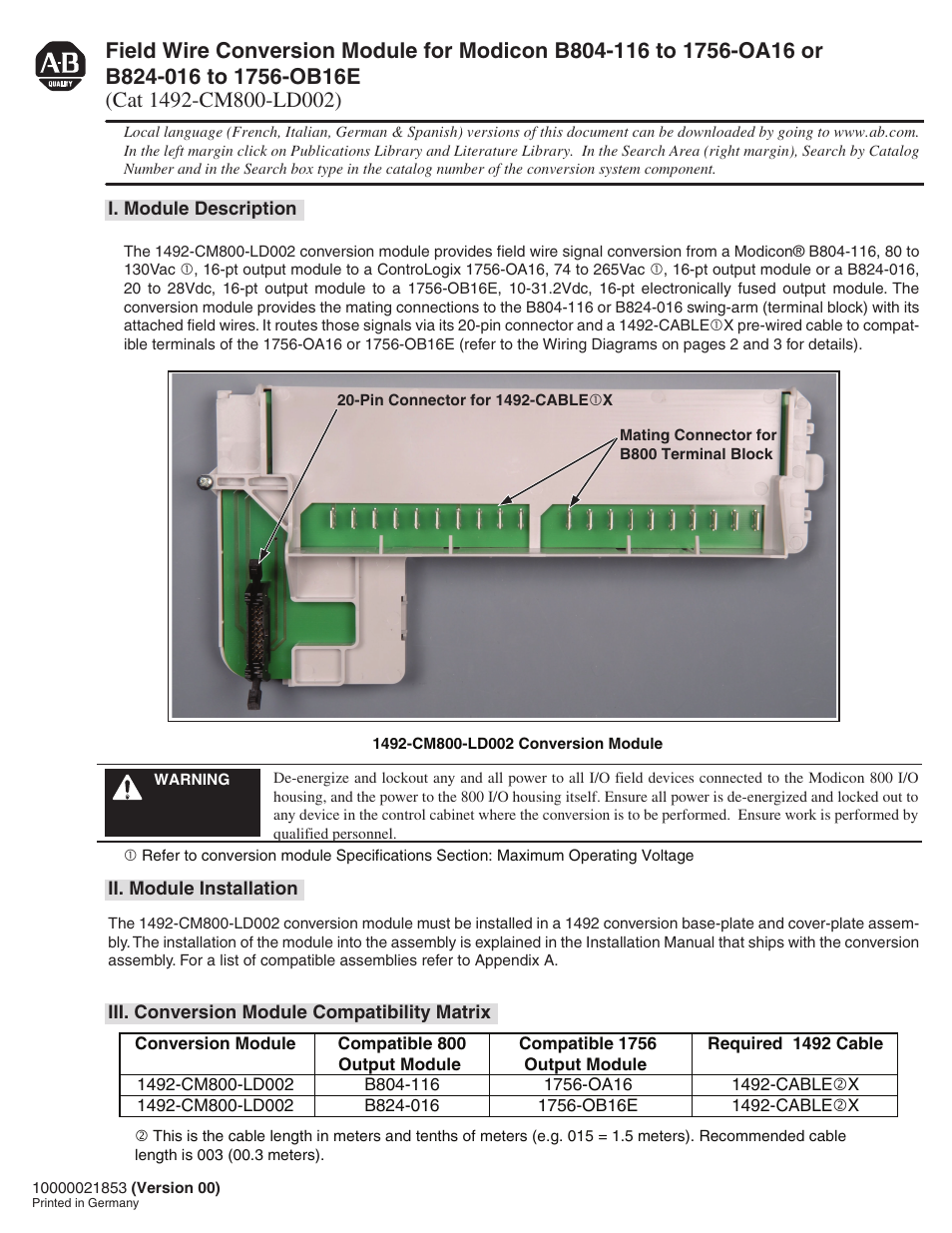 Rockwell Automation 1492-CM800-LD002 Field Wire Conv. Module for Modicon B804-116 to 1756-OA16 or B824-016 User Manual | 4 pages