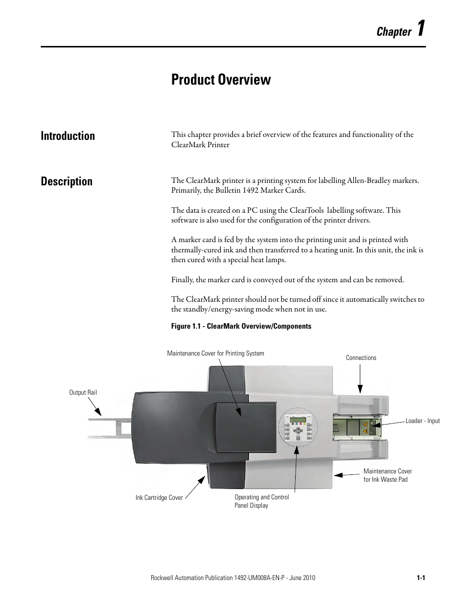 Product overview, Chapter, Introduction | Description | Rockwell Automation 1492-PRINT110_PRINT220 ClearMark Printer User Manual User Manual | Page 11 / 80