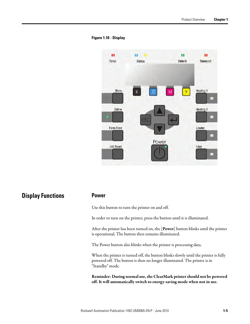 Display functions, Power | Rockwell Automation 1492-PRINT110_PRINT220 ClearMark Printer User Manual User Manual | Page 15 / 80