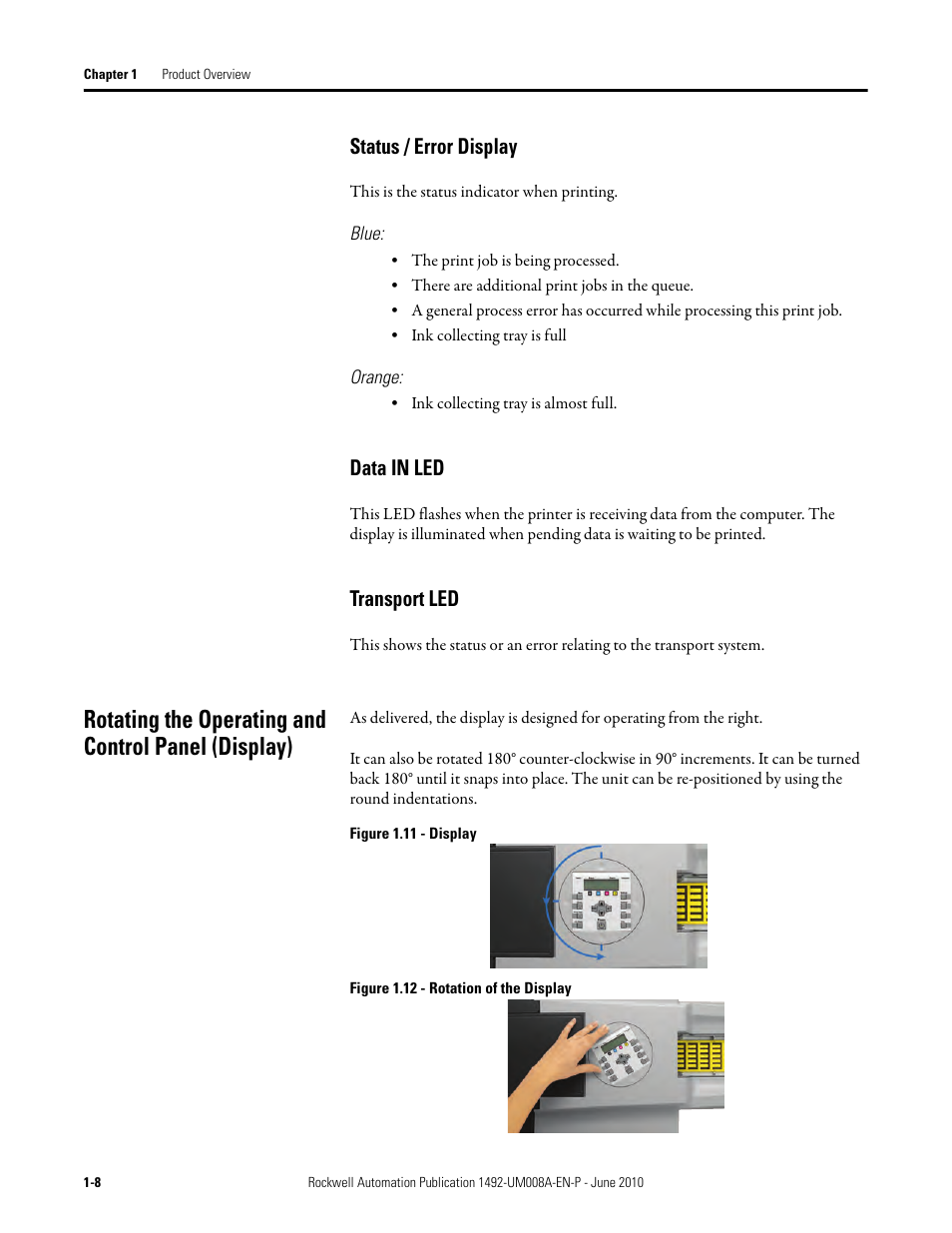 Rotating the operating and control panel (display), Status / error display, Data in led | Transport led | Rockwell Automation 1492-PRINT110_PRINT220 ClearMark Printer User Manual User Manual | Page 18 / 80