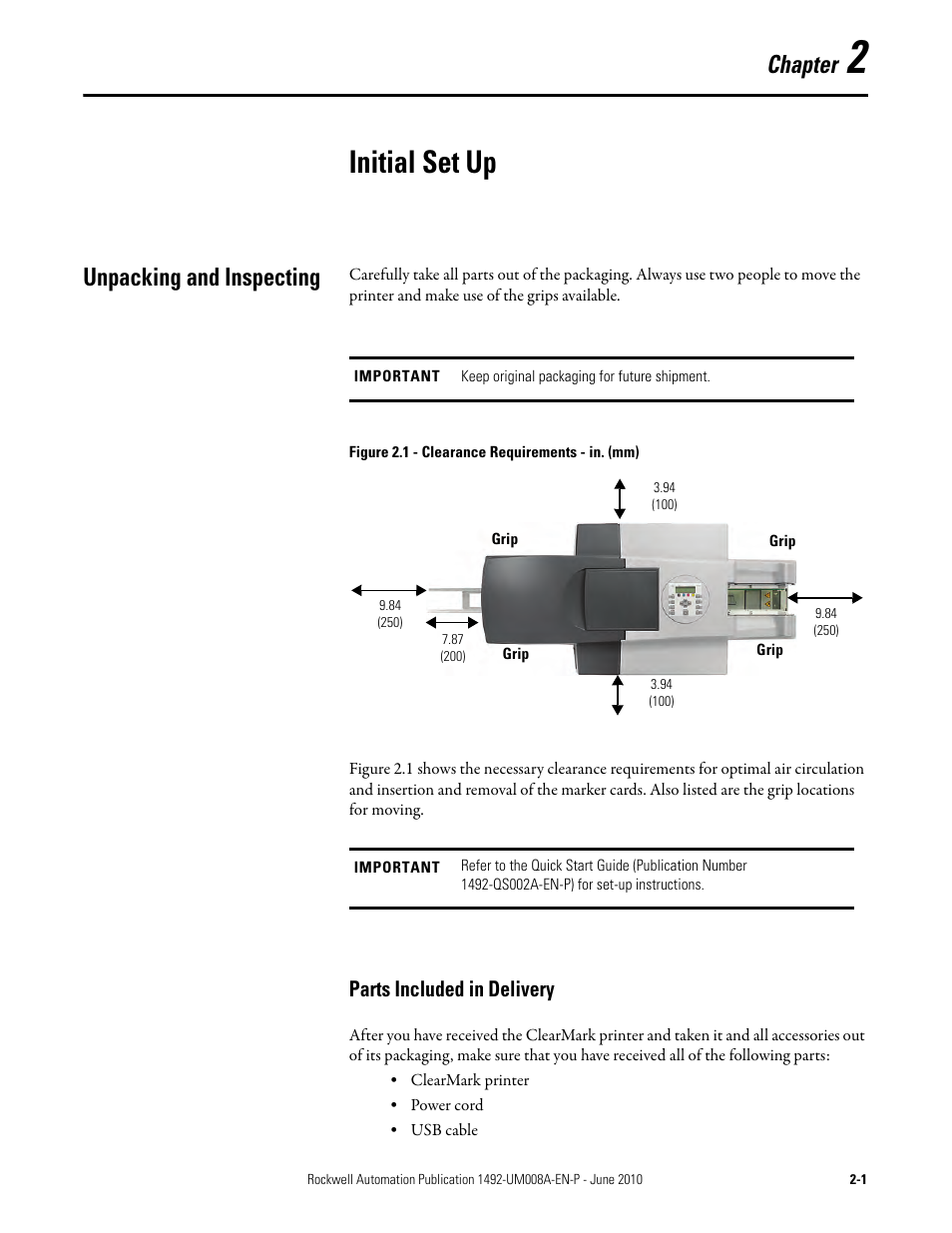 Initial set up, Chapter, Unpacking and inspecting | Parts included in delivery | Rockwell Automation 1492-PRINT110_PRINT220 ClearMark Printer User Manual User Manual | Page 19 / 80