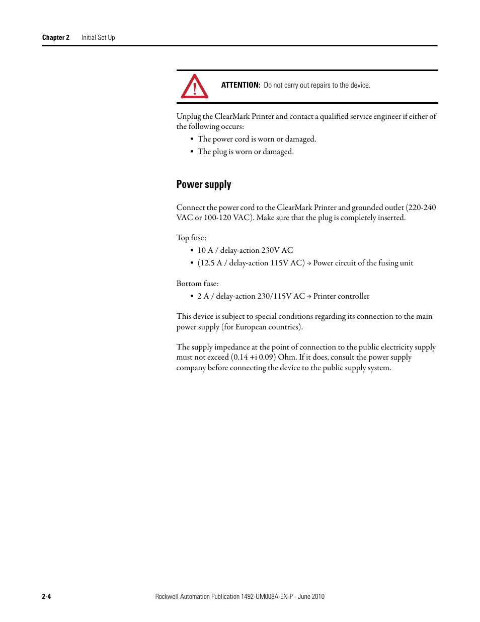 Power supply | Rockwell Automation 1492-PRINT110_PRINT220 ClearMark Printer User Manual User Manual | Page 22 / 80