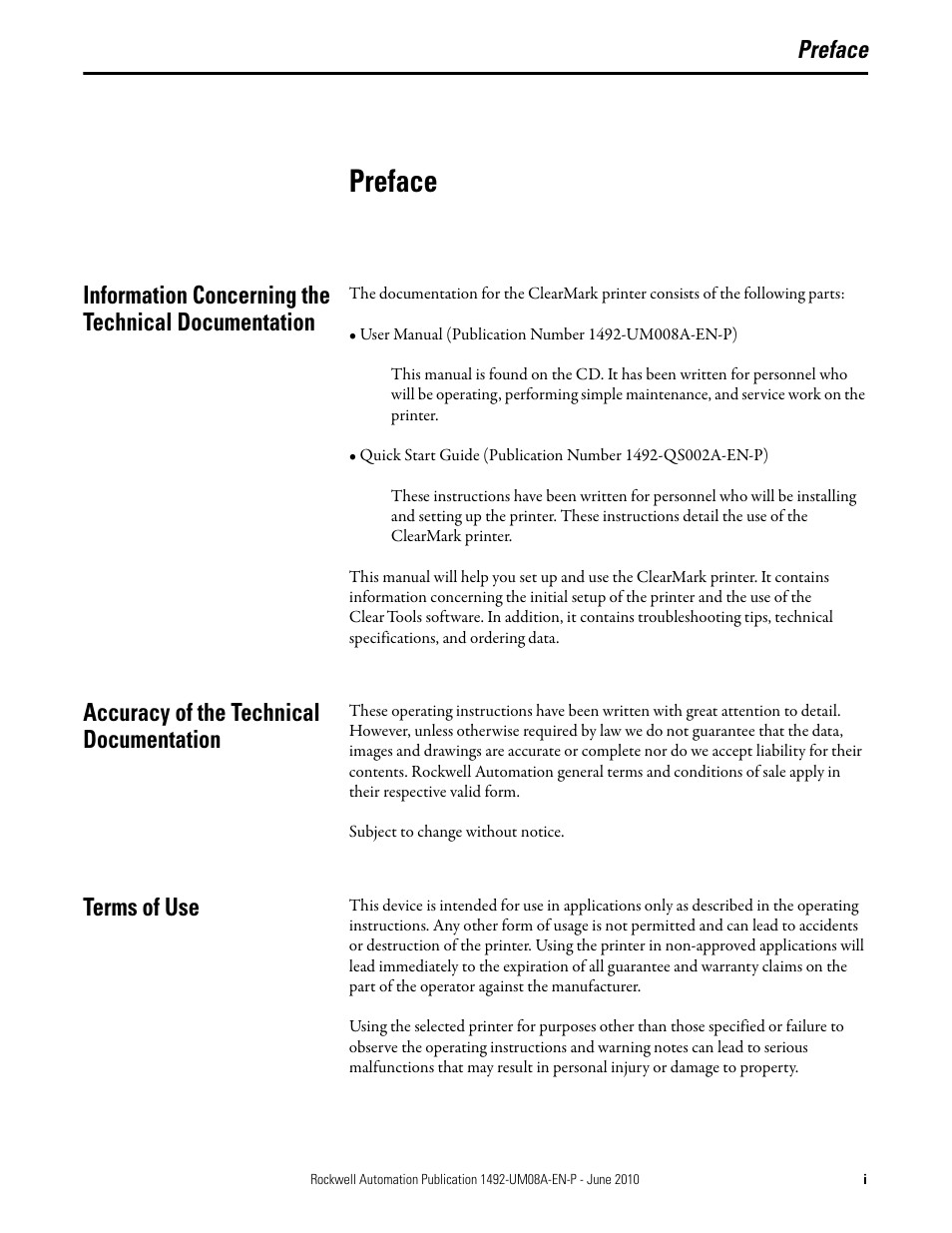 Preface, Information concerning the technical documentation, Accuracy of the technical documentation | Terms of use | Rockwell Automation 1492-PRINT110_PRINT220 ClearMark Printer User Manual User Manual | Page 5 / 80