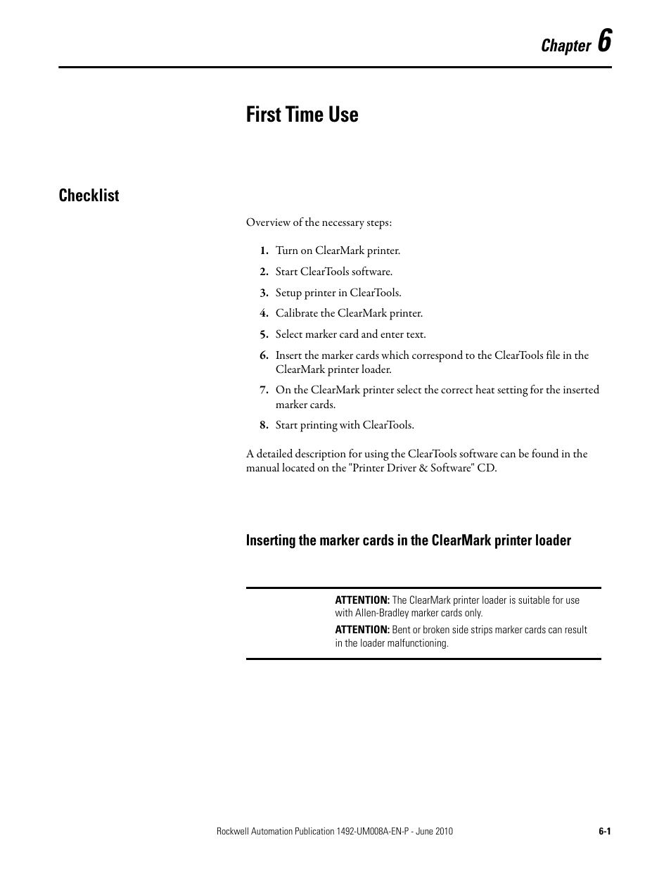 First time use, Chapter, Checklist | Rockwell Automation 1492-PRINT110_PRINT220 ClearMark Printer User Manual User Manual | Page 57 / 80