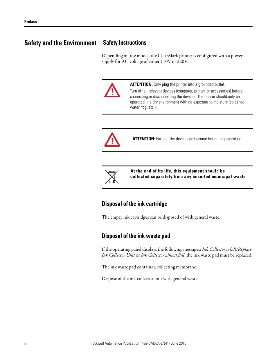 Safety and the environment, Safety instructions, Disposal of the ink cartridge | Disposal of the ink waste pad | Rockwell Automation 1492-PRINT110_PRINT220 ClearMark Printer User Manual User Manual | Page 6 / 80