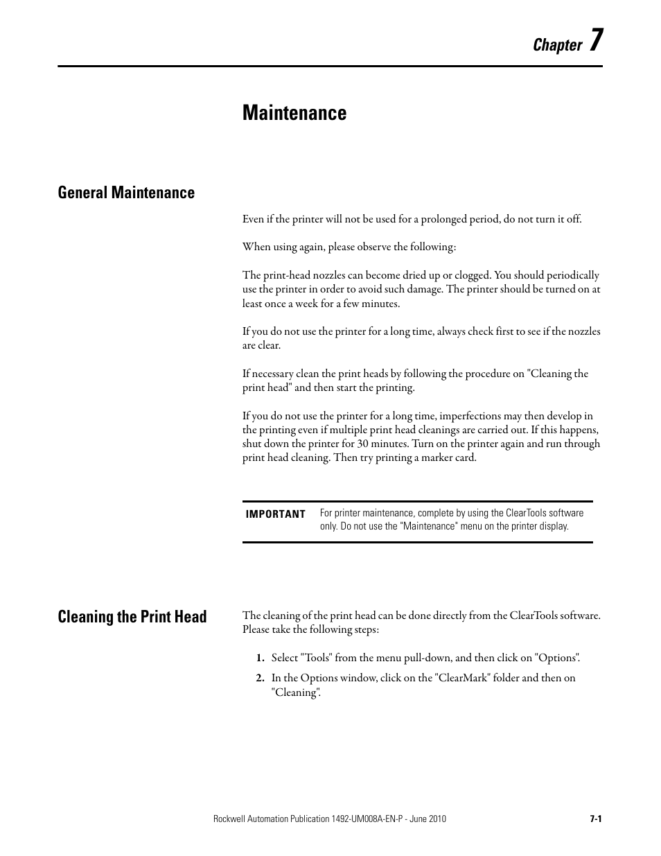 Maintenance, Chapter, General maintenance | Cleaning the print head | Rockwell Automation 1492-PRINT110_PRINT220 ClearMark Printer User Manual User Manual | Page 61 / 80
