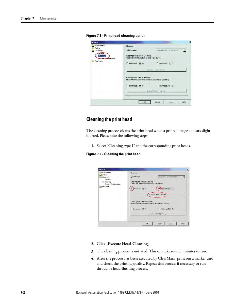 Cleaning the print head | Rockwell Automation 1492-PRINT110_PRINT220 ClearMark Printer User Manual User Manual | Page 62 / 80