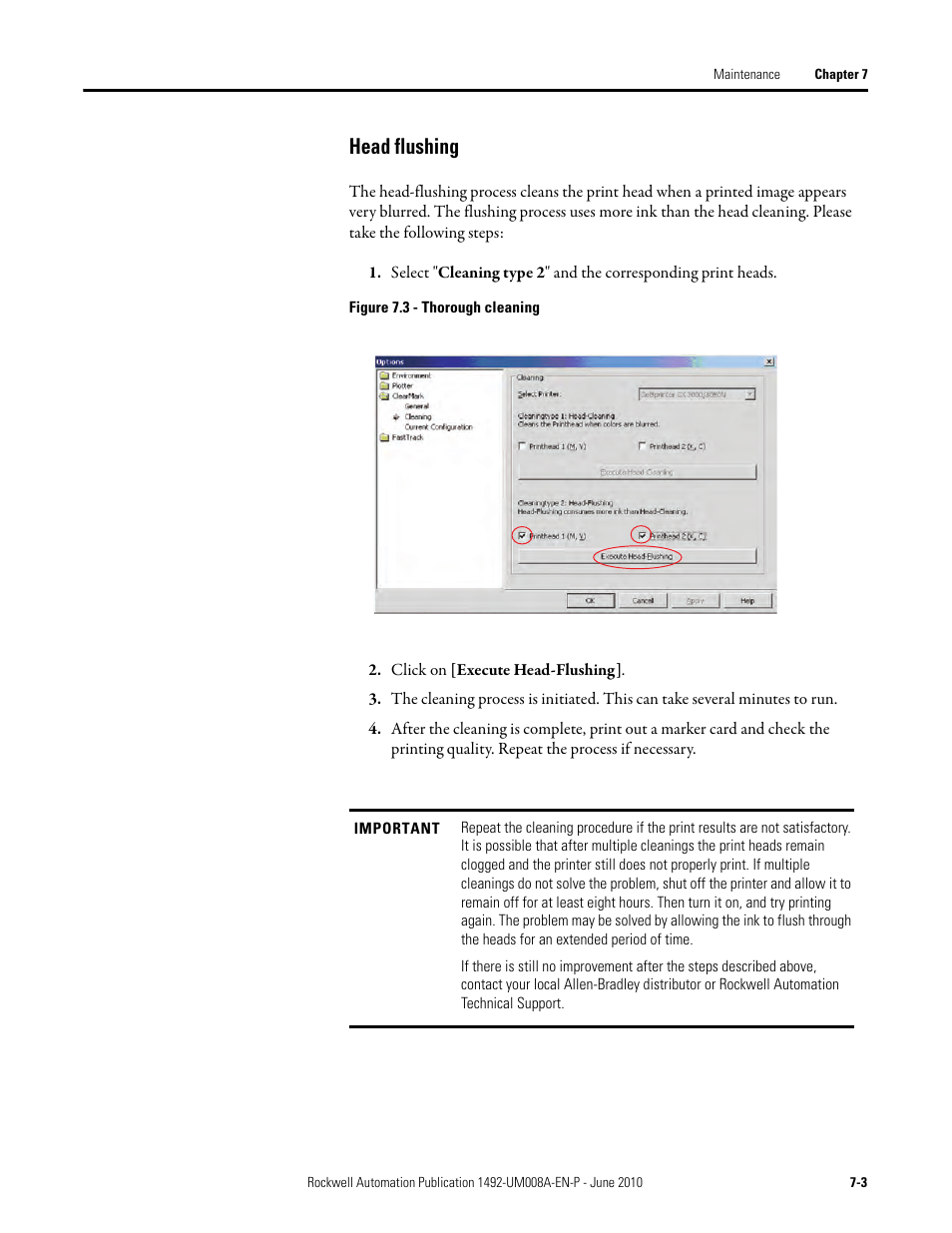 Head flushing | Rockwell Automation 1492-PRINT110_PRINT220 ClearMark Printer User Manual User Manual | Page 63 / 80