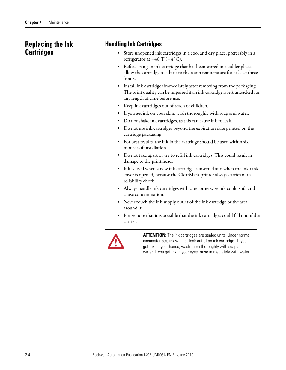 Replacing the ink cartridges, Handling ink cartridges | Rockwell Automation 1492-PRINT110_PRINT220 ClearMark Printer User Manual User Manual | Page 64 / 80