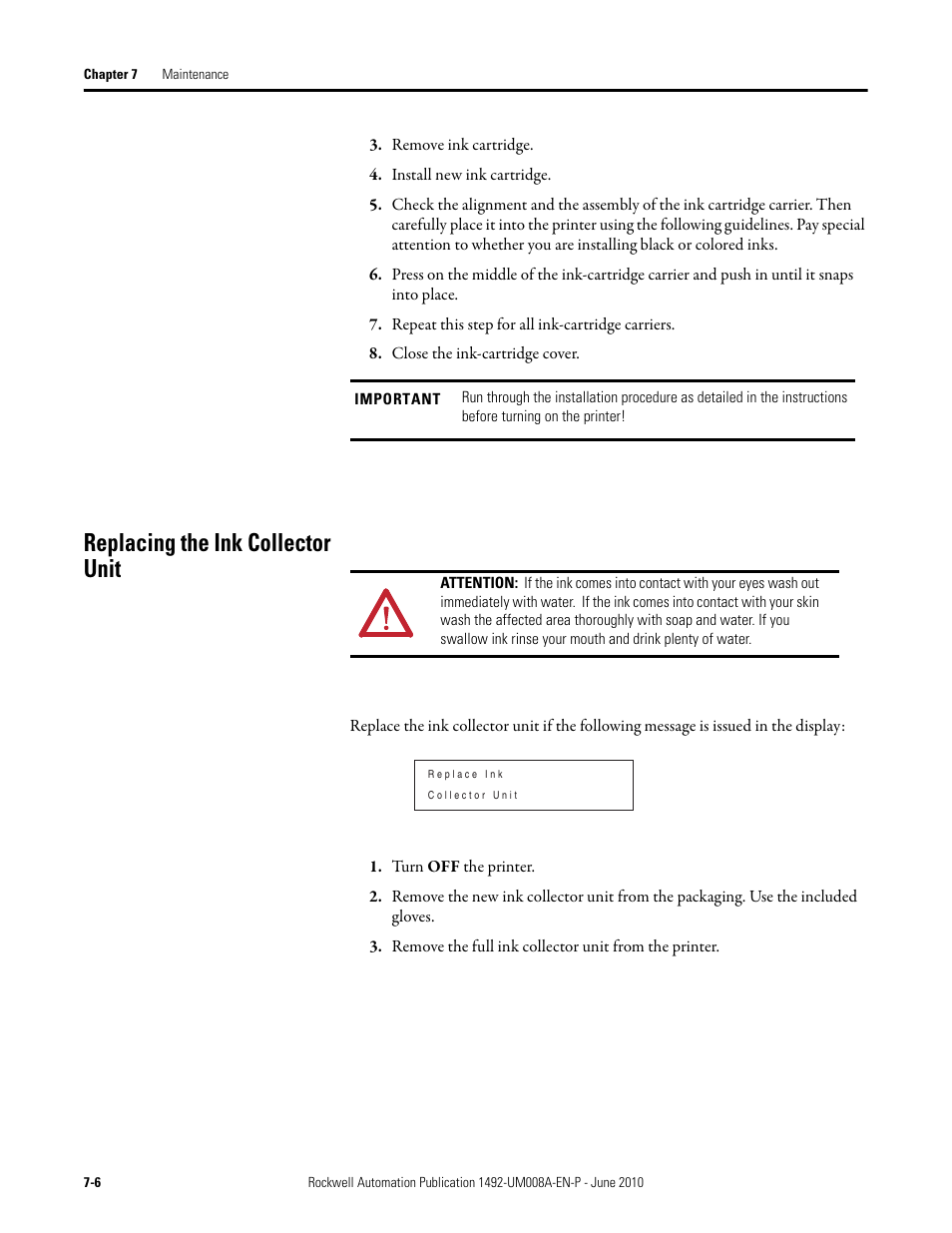 Replacing the ink collector unit | Rockwell Automation 1492-PRINT110_PRINT220 ClearMark Printer User Manual User Manual | Page 66 / 80