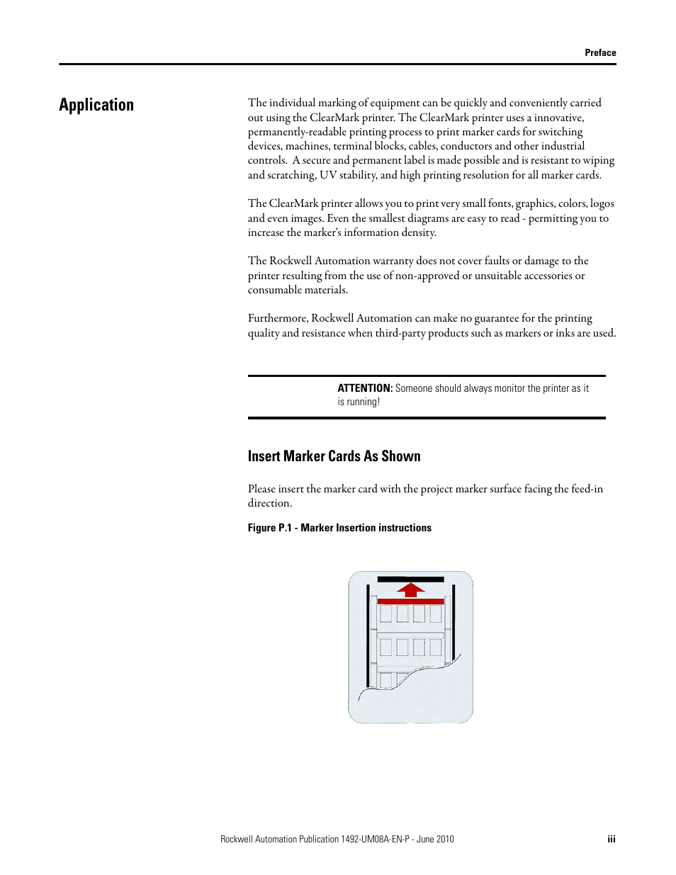 Application, Insert marker cards as shown | Rockwell Automation 1492-PRINT110_PRINT220 ClearMark Printer User Manual User Manual | Page 7 / 80