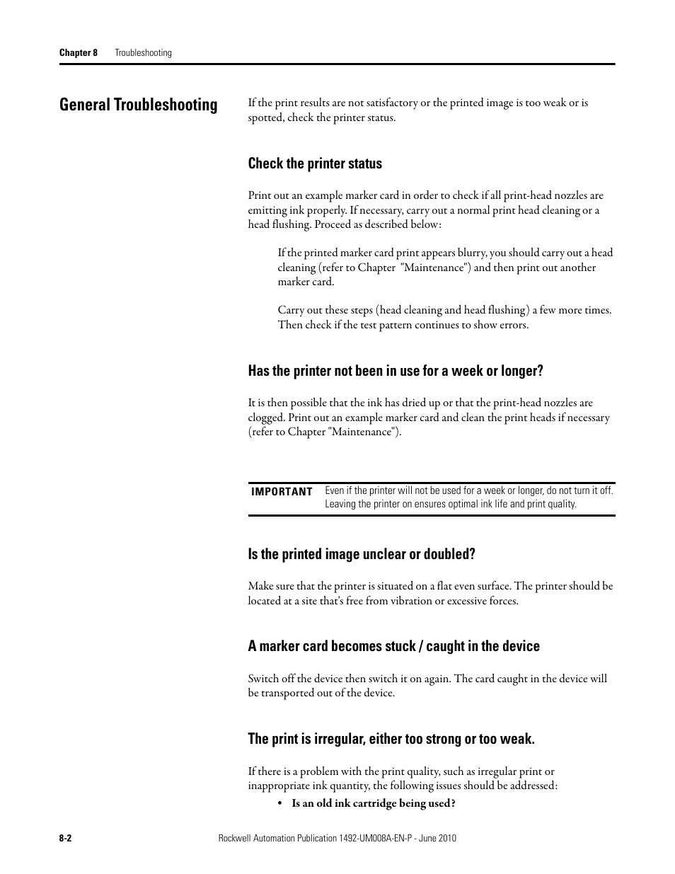 General troubleshooting | Rockwell Automation 1492-PRINT110_PRINT220 ClearMark Printer User Manual User Manual | Page 72 / 80