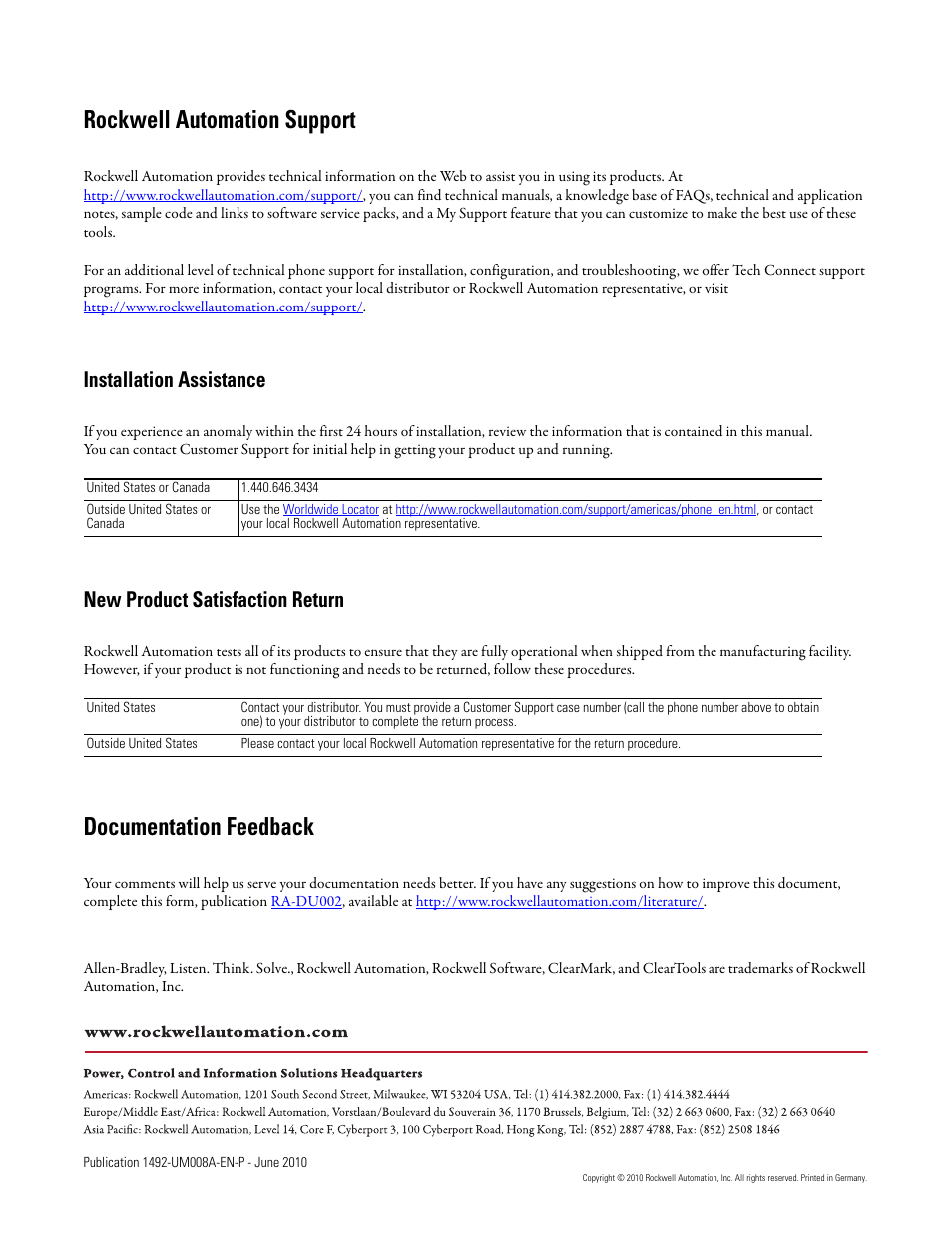 Rockwell automation support, Documentation feedback, Installation assistance | New product satisfaction return | Rockwell Automation 1492-PRINT110_PRINT220 ClearMark Printer User Manual User Manual | Page 80 / 80