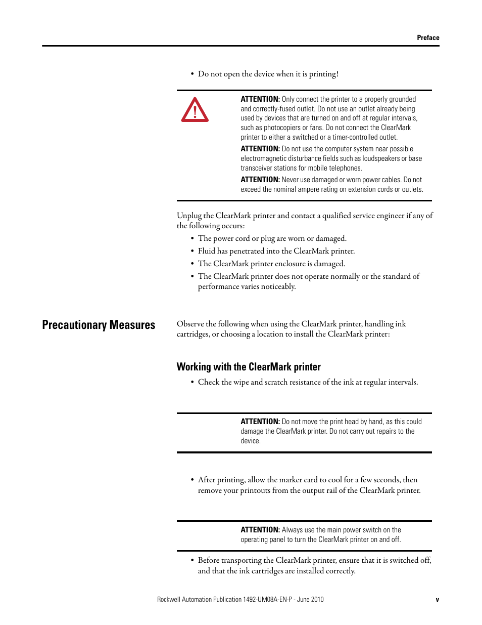 Precautionary measures, Working with the clearmark printer | Rockwell Automation 1492-PRINT110_PRINT220 ClearMark Printer User Manual User Manual | Page 9 / 80