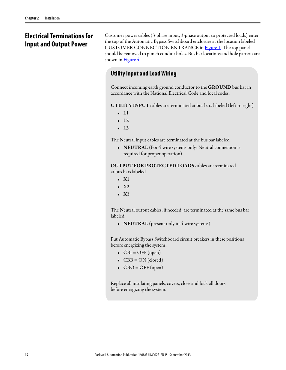 Electrical terminations for input and output power, Utility input and load wiring | Rockwell Automation 1608M MegaDySC User Manual, 800 - 2400 A User Manual | Page 12 / 44