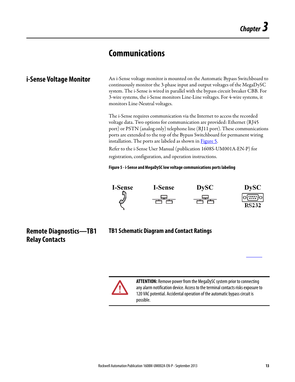 Chapter 3, Communications, I-sense voltage monitor | Remote diagnostics—tb1 relay contacts, Tb1 schematic diagram and contact ratings, Ch 3 - communications, Chapter | Rockwell Automation 1608M MegaDySC User Manual, 800 - 2400 A User Manual | Page 13 / 44