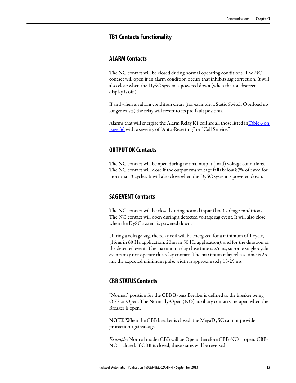 Tb1 contacts functionality, Alarm contacts, Output ok contacts | Sag event contacts, Cbb status contacts, Tb1 contacts functionality alarm contacts | Rockwell Automation 1608M MegaDySC User Manual, 800 - 2400 A User Manual | Page 15 / 44