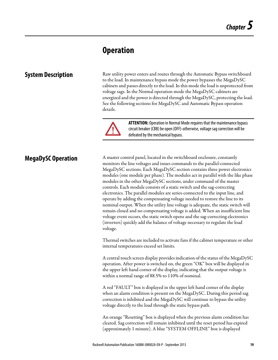 Chapter 5, Operation, System description | Megadysc operation, Ch 5 - operation, System description megadysc operation | Rockwell Automation 1608M MegaDySC User Manual, 800 - 2400 A User Manual | Page 19 / 44