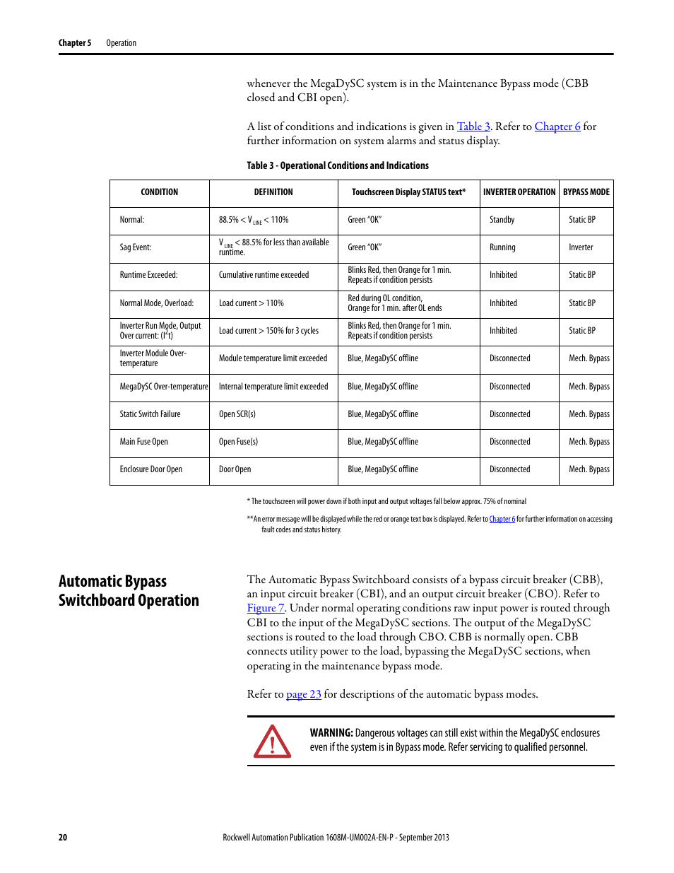 Table 3 - operational conditions and indications, Automatic bypass switchboard operation | Rockwell Automation 1608M MegaDySC User Manual, 800 - 2400 A User Manual | Page 20 / 44