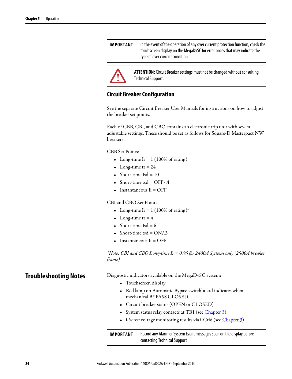 Circuit breaker configuration, Troubleshooting notes | Rockwell Automation 1608M MegaDySC User Manual, 800 - 2400 A User Manual | Page 24 / 44