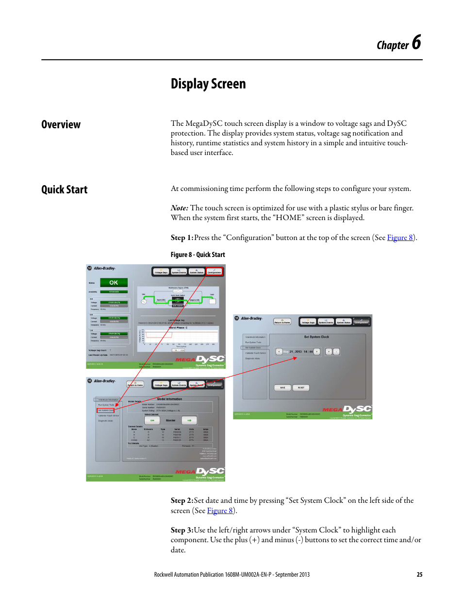 Chapter 6, Display screen, Overview | Quick start, Figure 8 - quick start, Ch 6 - display screen, Overview quick start, Chapter | Rockwell Automation 1608M MegaDySC User Manual, 800 - 2400 A User Manual | Page 25 / 44