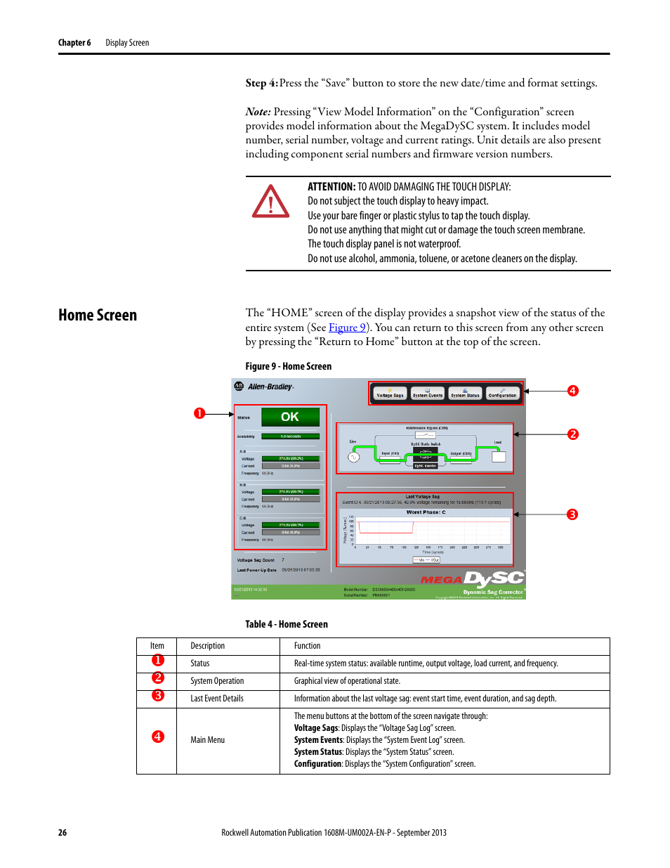 Home screen, Figure 9 - home screen, Table 4 - home screen | No p q | Rockwell Automation 1608M MegaDySC User Manual, 800 - 2400 A User Manual | Page 26 / 44