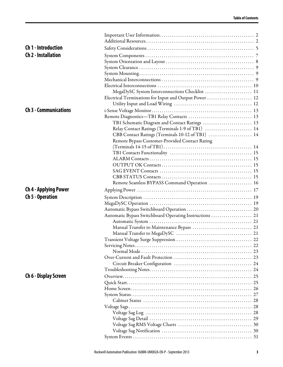 Ch 1 - introduction, Ch 2 - installation, Ch 3 - communications | Ch 4 - applying power, Ch 5 - operation, Ch 6 - display screen | Rockwell Automation 1608M MegaDySC User Manual, 800 - 2400 A User Manual | Page 3 / 44