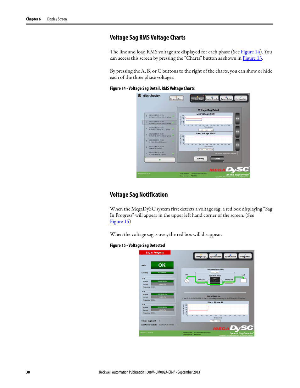 Voltage sag rms voltage charts, Figure 14 - voltage sag detail, rms voltage charts, Voltage sag notification | Figure 15 - voltage sag detected | Rockwell Automation 1608M MegaDySC User Manual, 800 - 2400 A User Manual | Page 30 / 44