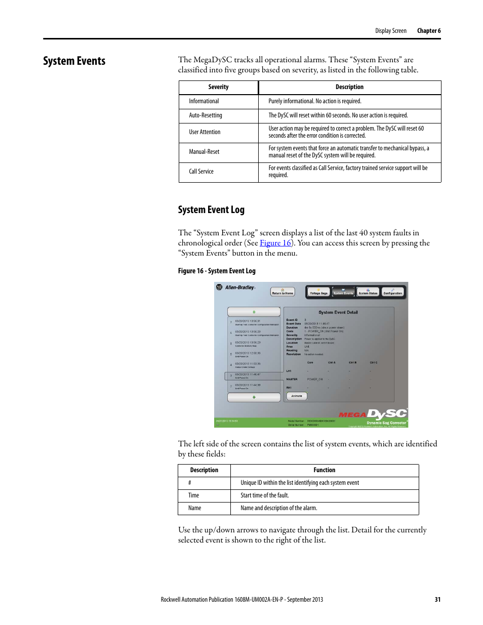 System events, System event log, Figure 16 - system event log | Rockwell Automation 1608M MegaDySC User Manual, 800 - 2400 A User Manual | Page 31 / 44