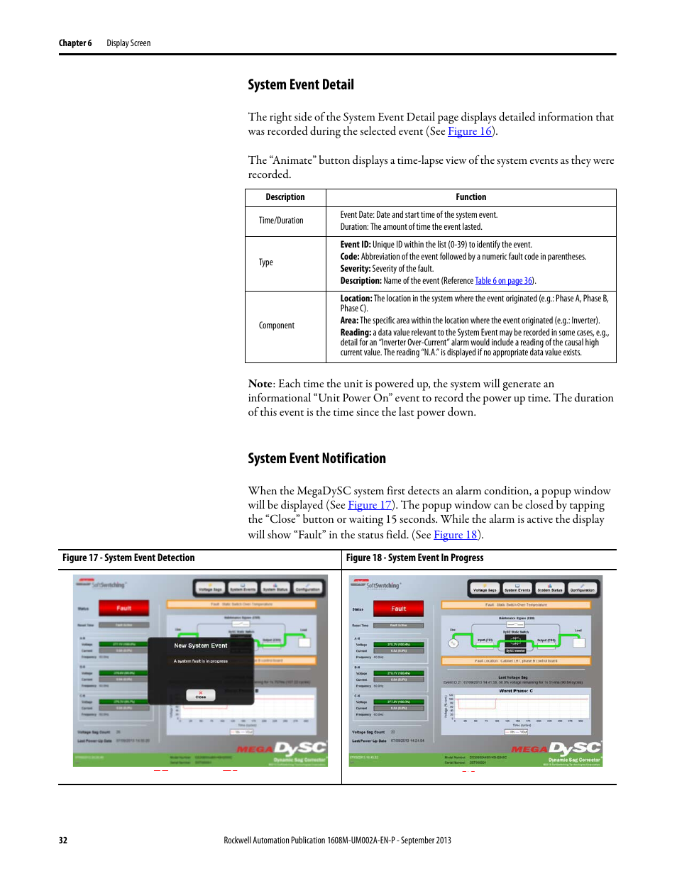 System event detail, System event notification, Figure 17 - system event detection | Figure 18 - system event in progress, System event detail system event notification, On p | Rockwell Automation 1608M MegaDySC User Manual, 800 - 2400 A User Manual | Page 32 / 44