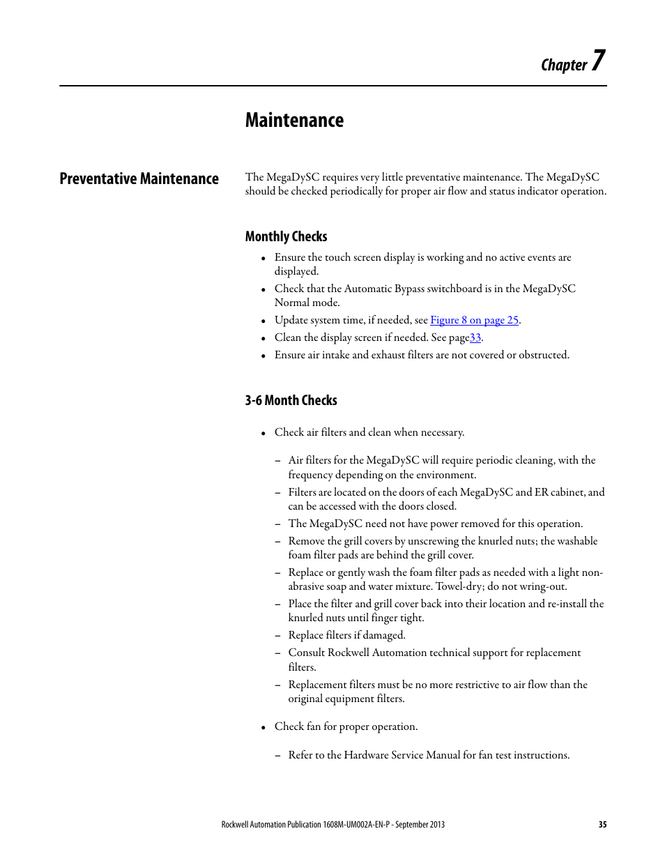 Chapter 7, Maintenance, Preventative maintenance | Monthly checks, 6 month checks, Ch 7 - maintenance, Monthly checks 3-6 month checks, Chapter | Rockwell Automation 1608M MegaDySC User Manual, 800 - 2400 A User Manual | Page 35 / 44