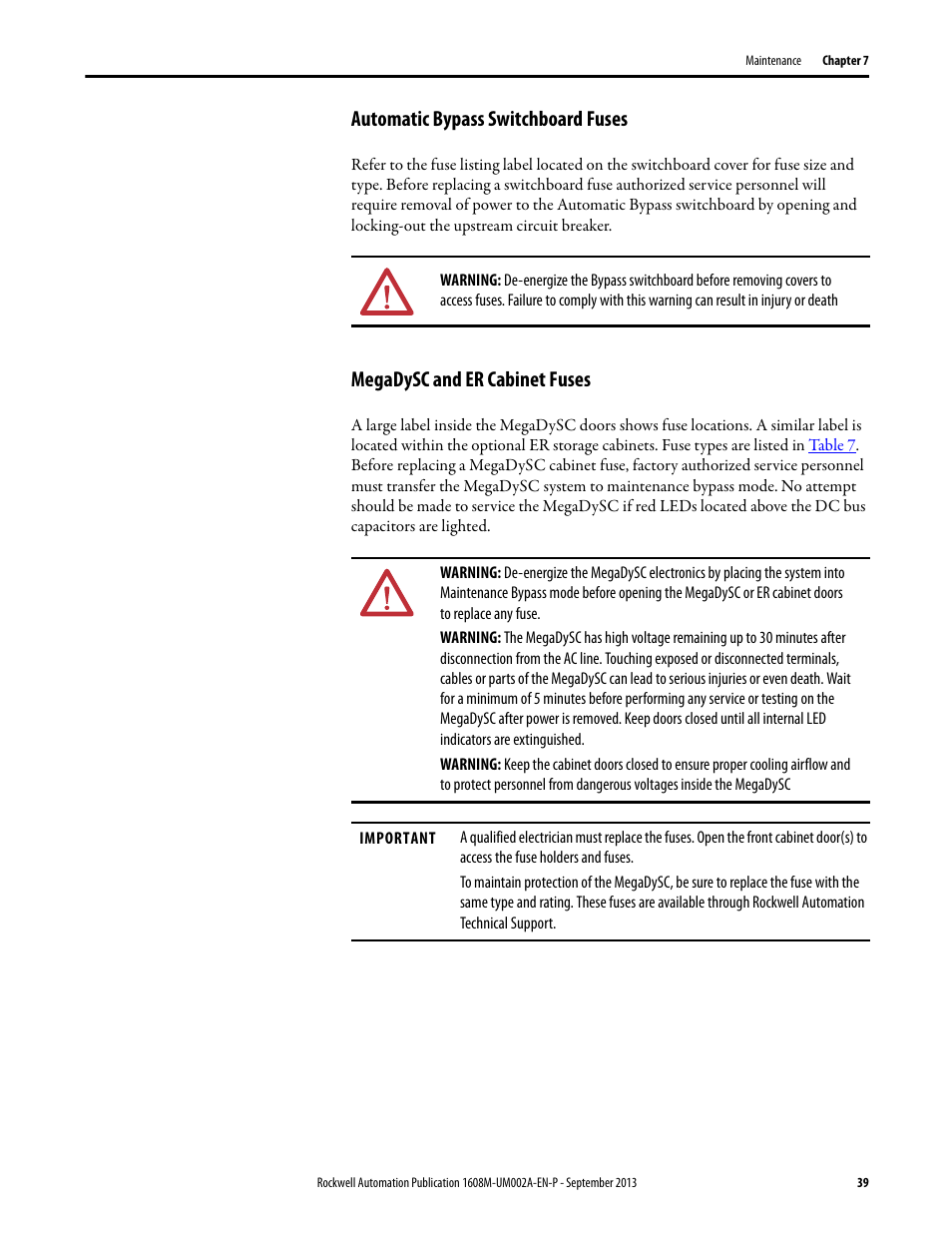 Automatic bypass switchboard fuses, Megadysc and er cabinet fuses | Rockwell Automation 1608M MegaDySC User Manual, 800 - 2400 A User Manual | Page 39 / 44