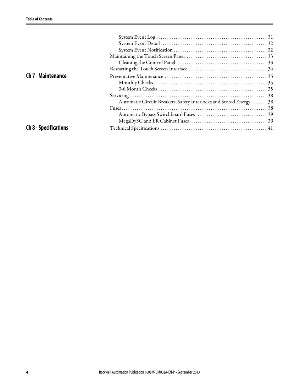 Ch 7 - maintenance, Ch 8 - specifications | Rockwell Automation 1608M MegaDySC User Manual, 800 - 2400 A User Manual | Page 4 / 44