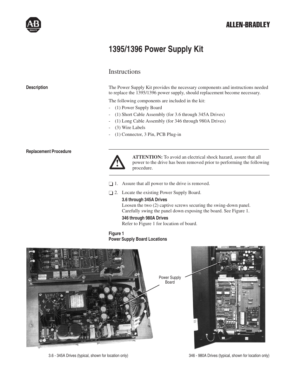 Rockwell Automation 1395/1396 Power Supply Kit User Manual | 2 pages