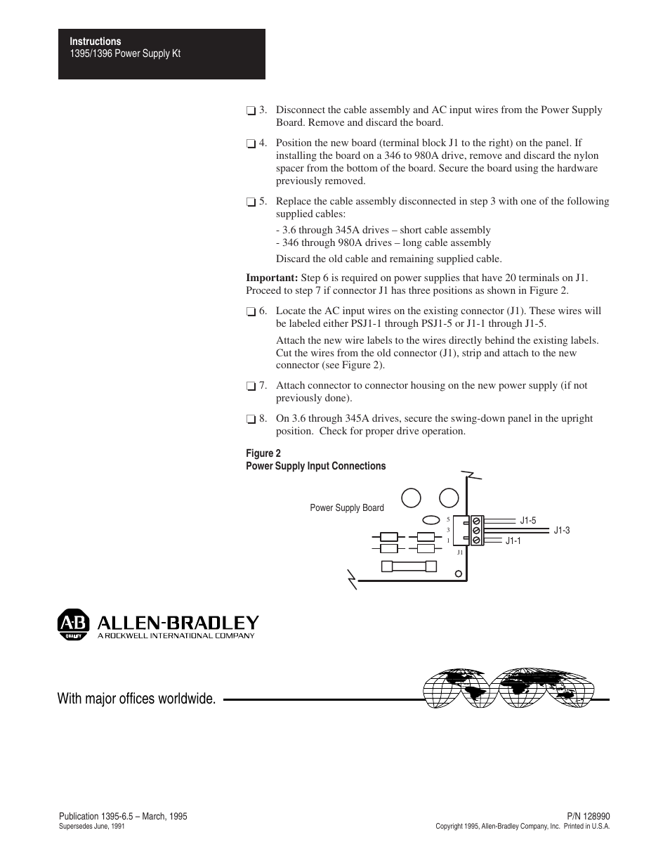 With major offices worldwide | Rockwell Automation 1395/1396 Power Supply Kit User Manual | Page 2 / 2