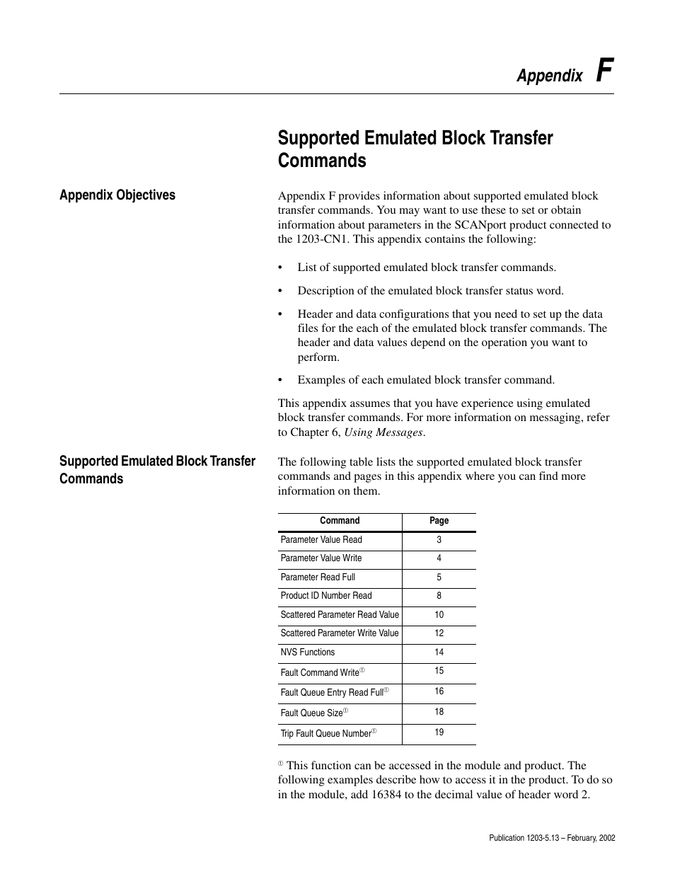 Appendix f, Supported emulated block transfer commands, Appendix | Appendix objectives | Rockwell Automation 1203-CN1 ControlNet Communications Module 1203-CN1 User Manual | Page 119 / 152