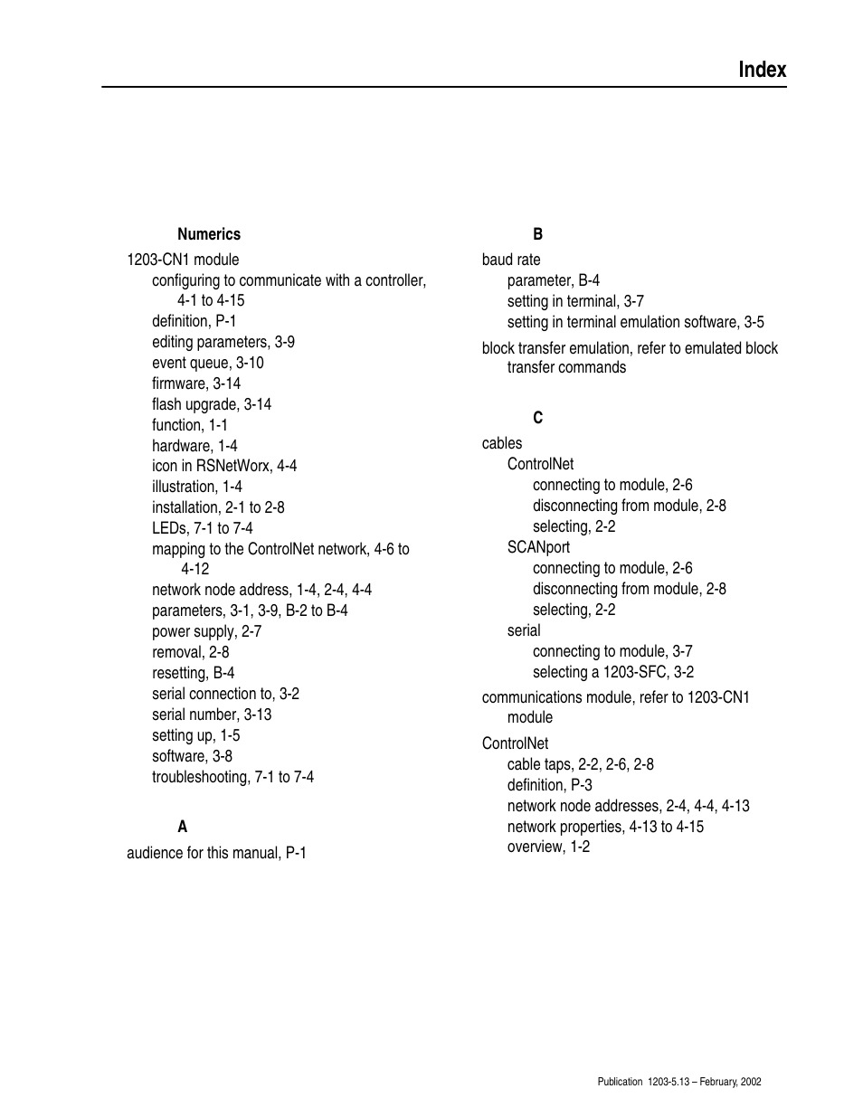 Index | Rockwell Automation 1203-CN1 ControlNet Communications Module 1203-CN1 User Manual | Page 139 / 152