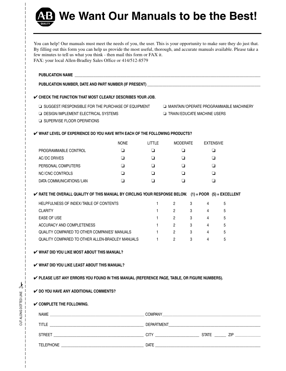 Reply card, We want our manuals to be the best | Rockwell Automation 1203-CN1 ControlNet Communications Module 1203-CN1 User Manual | Page 149 / 152
