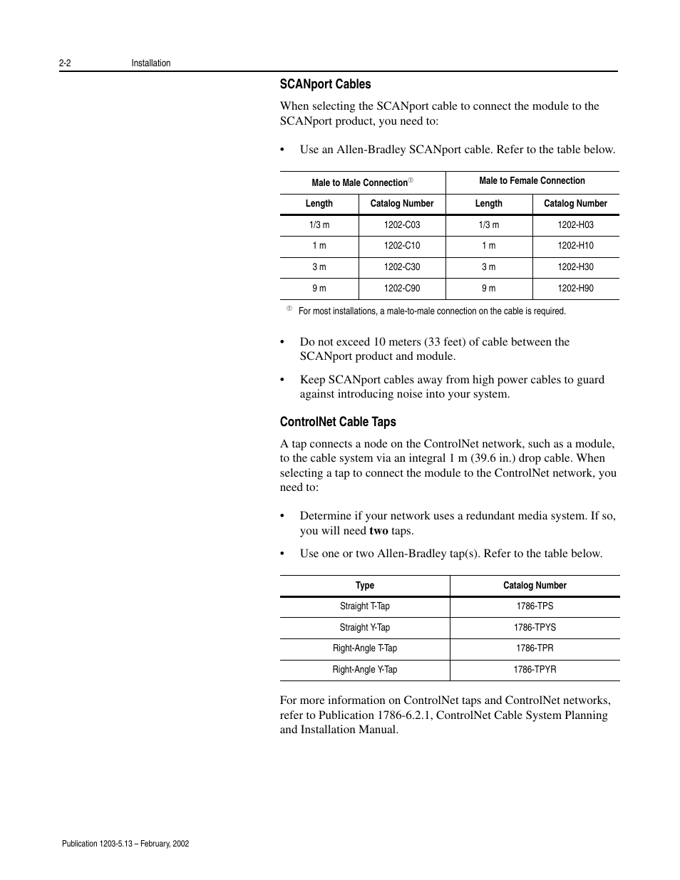 Scanport cables -2 controlnet cable taps -2 | Rockwell Automation 1203-CN1 ControlNet Communications Module 1203-CN1 User Manual | Page 22 / 152
